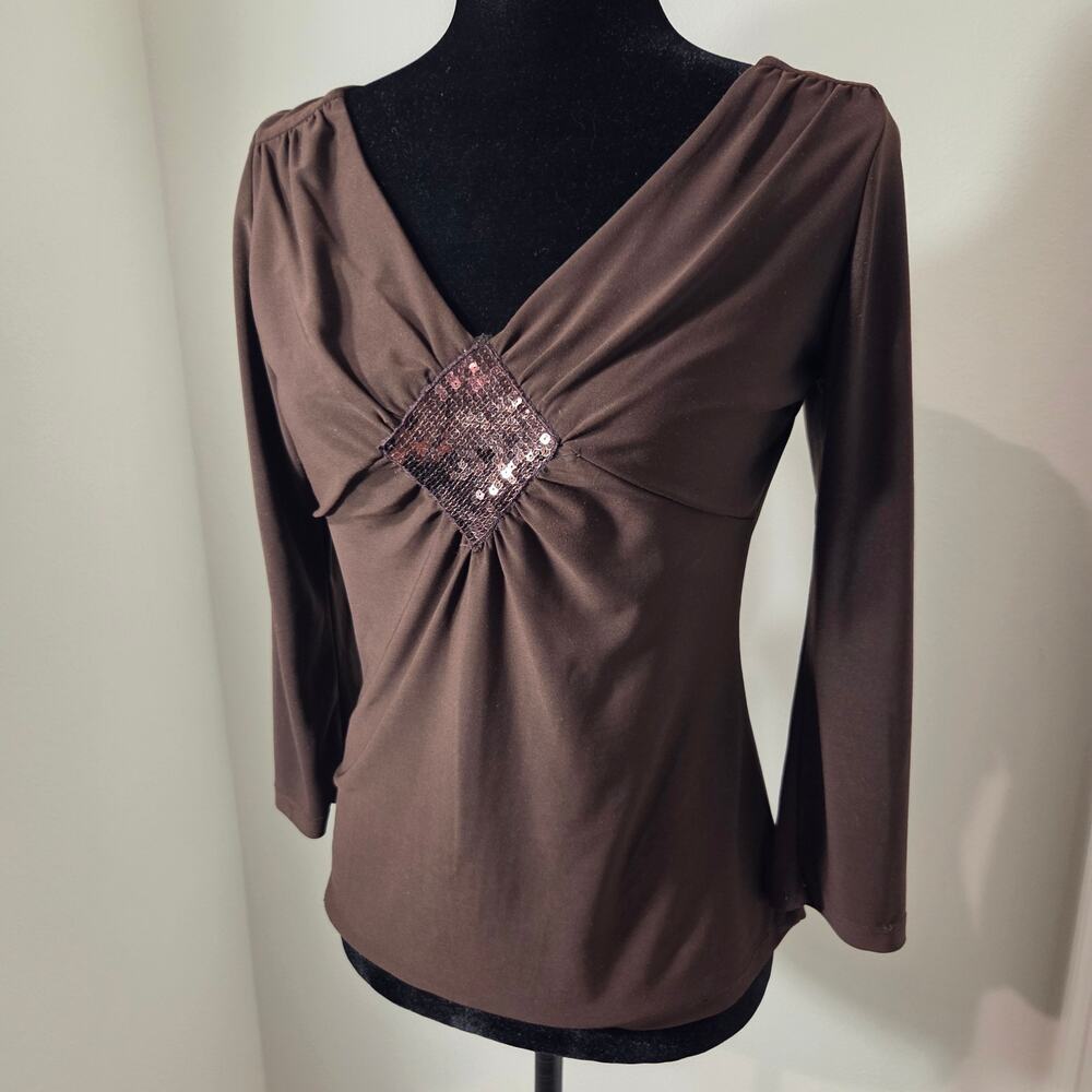 Y2k Babydoll Brown Sequin 3/4 Sleeve Top Sz M